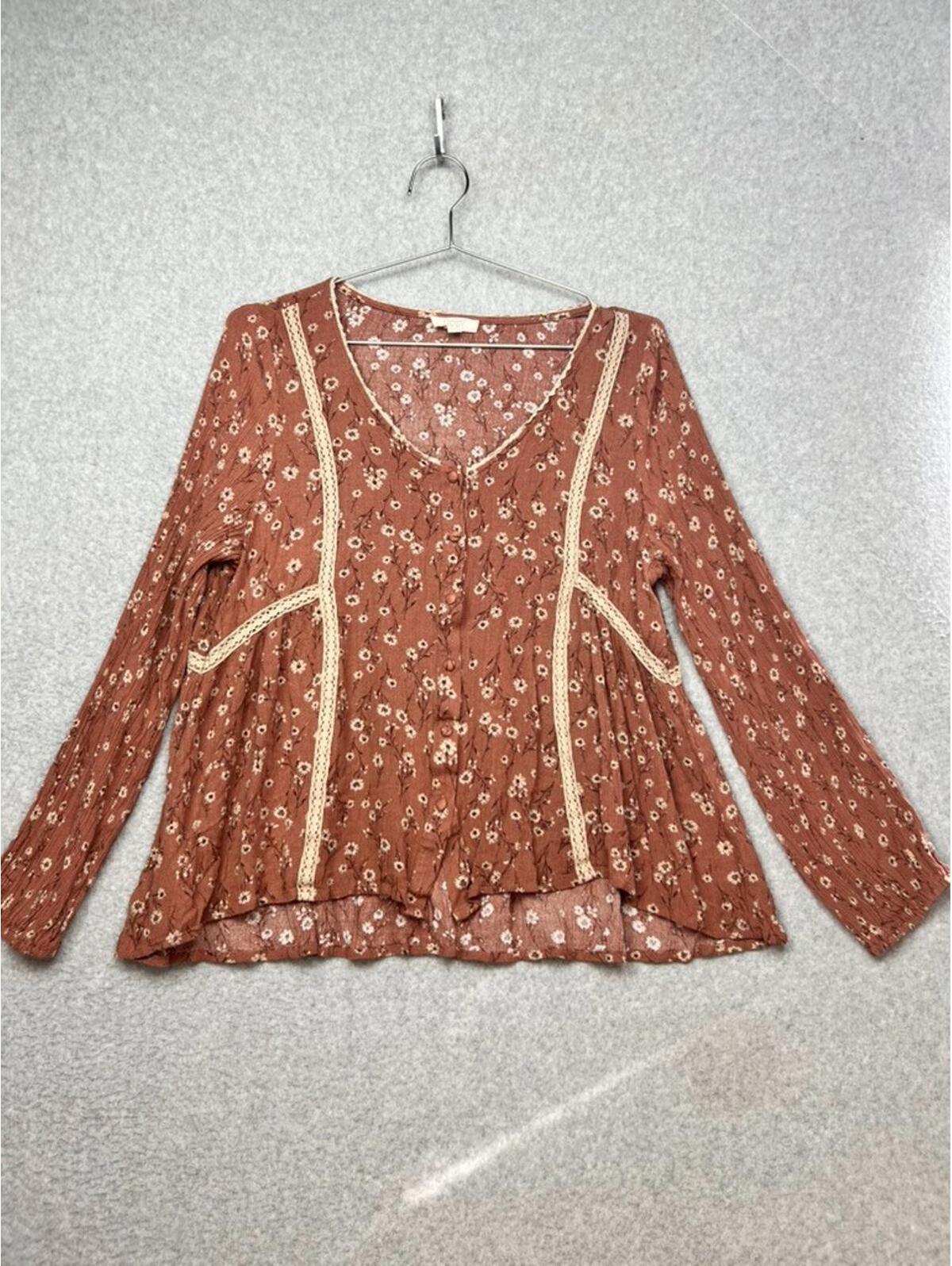 Oddi Boho Cottagecore Peasant Blouse L Rust Floral Lace Trim V-Neck Flowy Top